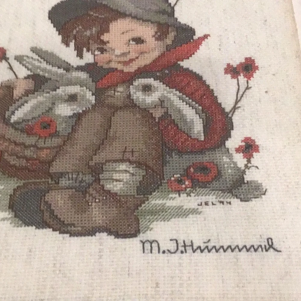 Vintage M.I. Hummel Style Cross-Stitch Wall Art Pair - Red & Cream no frame